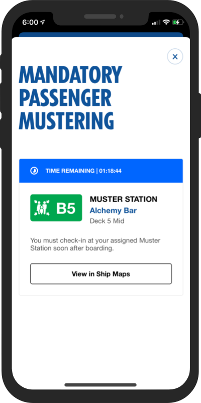 A smartphone showing a notification pop-up reminding you to complete the Mandatory Passenger Mustering.